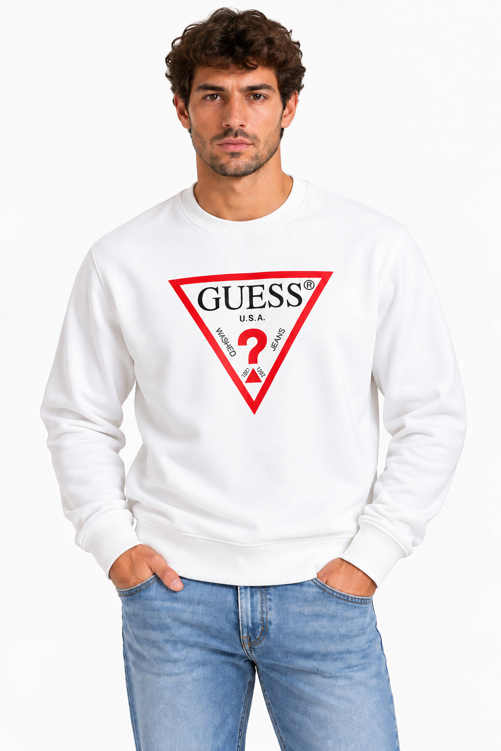 Felpa Guess uomo girocollo fleece logo triangolo cotone