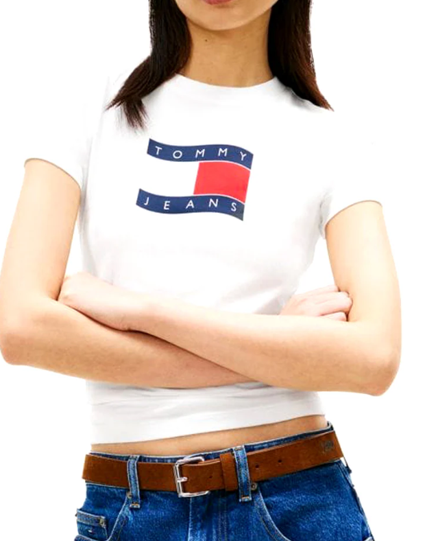 T-shirt Tommy Jeans donna slim wavy flag cotone