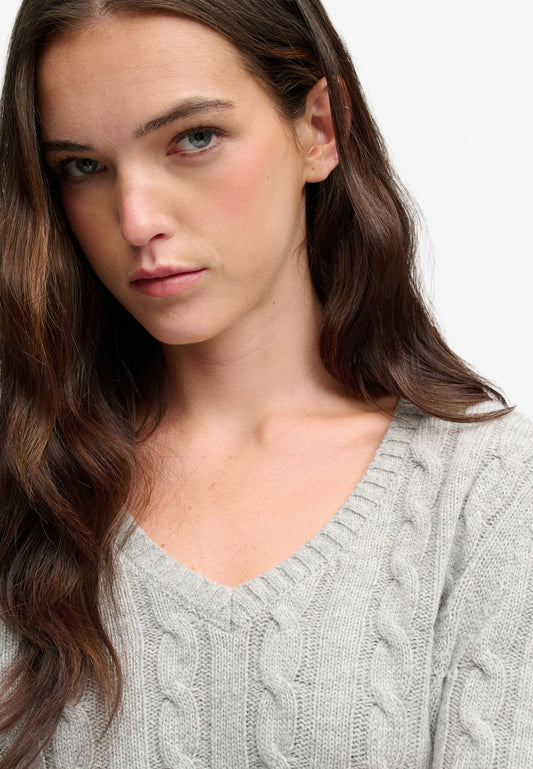 Maglione scollo V Superdry donna trecce misto lana
