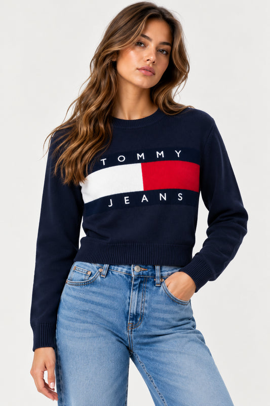 Maglione Tommy Jeans donna girocollo cotone flag