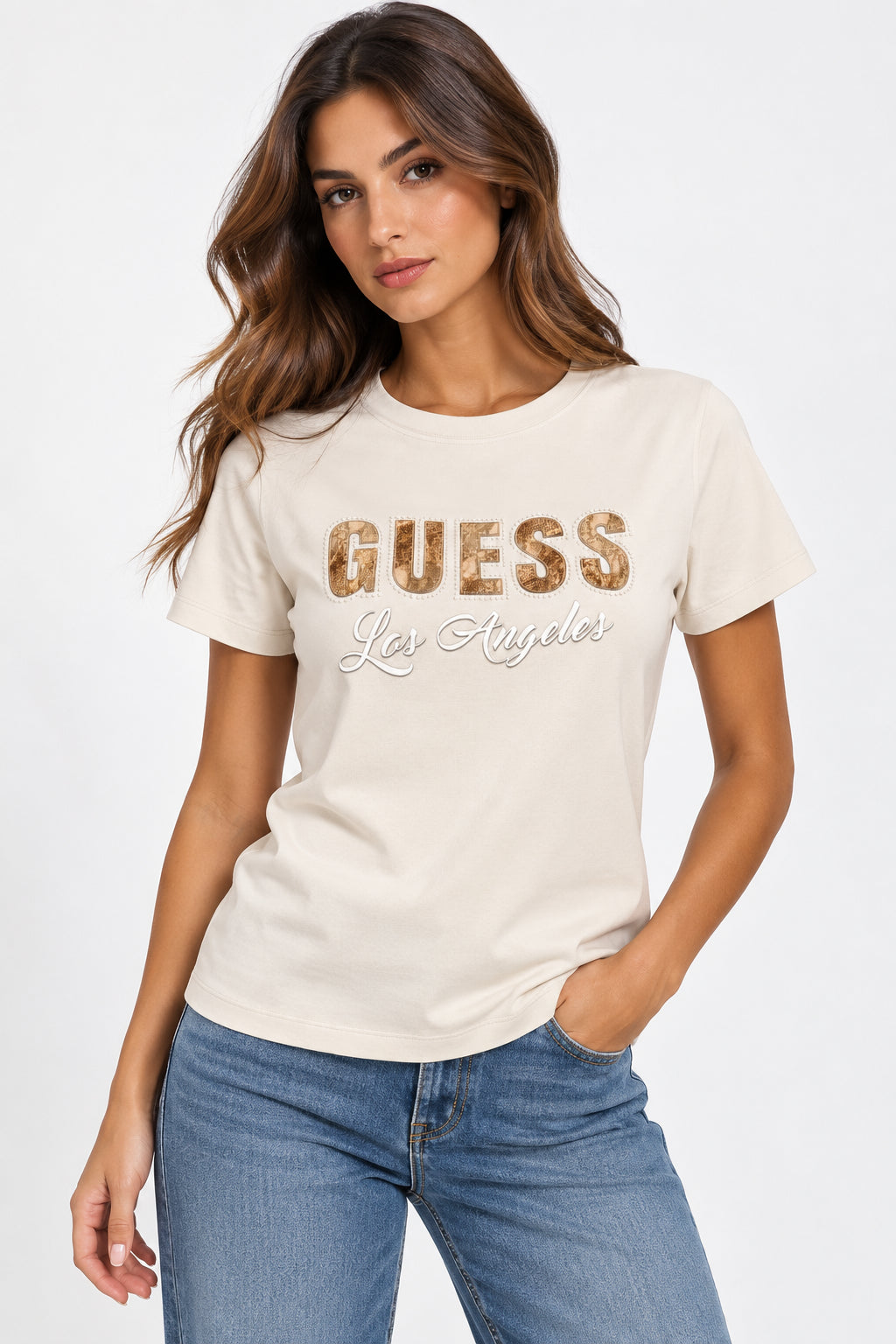 T-shirt Guess donna logo serpente strass manica corta