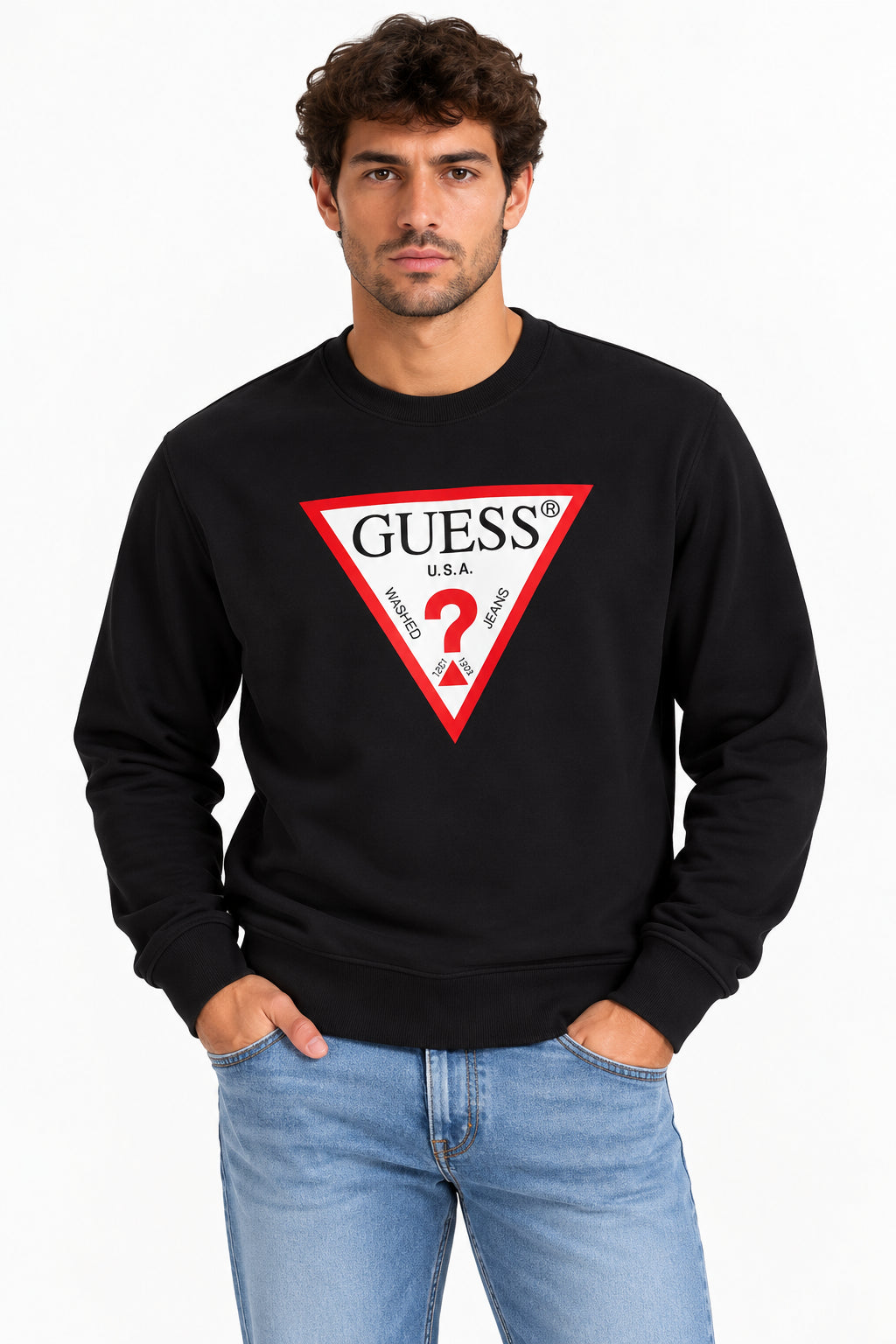 Felpa Guess uomo girocollo fleece logo triangolo cotone