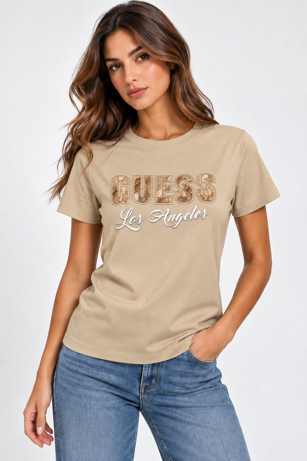 T-shirt Guess donna logo serpente strass manica corta