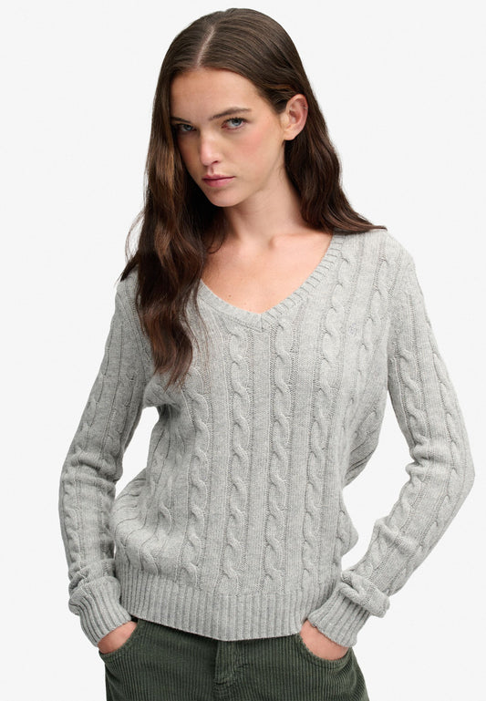 Maglione scollo V Superdry donna trecce misto lana