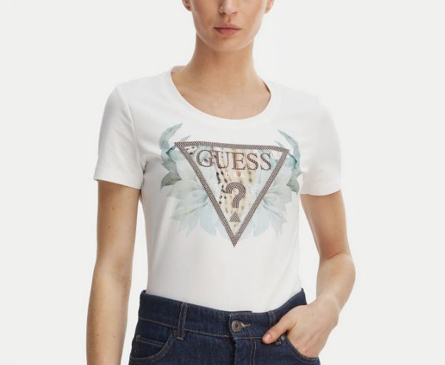 T-shirt Guess donna Flowers Triangle cotone