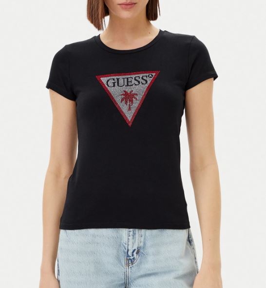 T-shirt Guess donna Triangle strass cotone