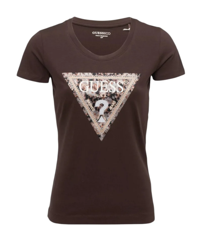 T-shirt donna Guess Leo Triangle cotone marrone