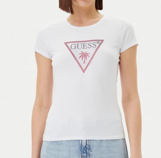 T-shirt Guess donna Triangle strass cotone